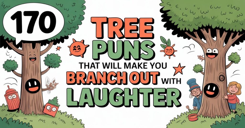 Create a fun and colorful illustration based on the title 170 Tree Puns That Will Make You Branch Out With Laughter The image should feature the title prominently in a playful, bold font. The scene should include visual representations of the pun. Use bright colors, whimsical characters, and objects that subtly or overtly reference the wordplay in the title. The title should be integrated into the design, either as a speech bubble, sign, or integrated into the background, with playful details surrounding it. Incorporate fun elements like quirky items, cute characters, and comic-style graphics that convey the light-hearted and humorous nature of puns.