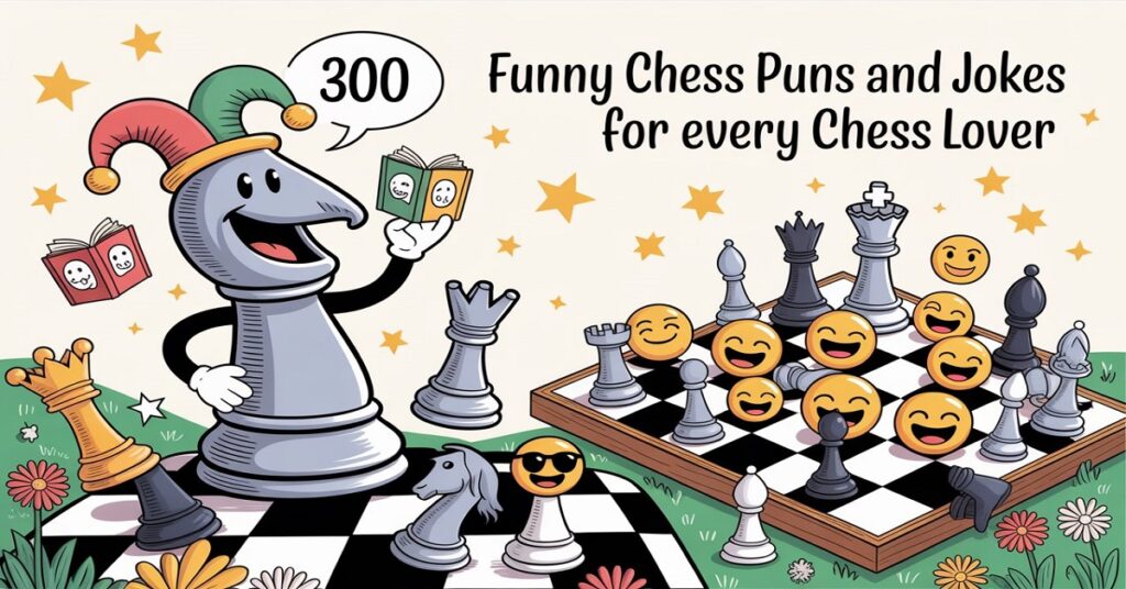 Create a fun and colorful illustration based on the title 300 Funny Chess Puns and Jokes for Every Chess Lover The image should feature the title prominently in a playful, bold font. The scene should include visual representations of the pun. Use bright colors, whimsical characters, and objects that subtly or overtly reference the wordplay in the title. The title should be integrated into the design, either as a speech bubble, sign, or integrated into the background, with playful details surrounding it. Incorporate fun elements like quirky items, cute characters, and comic-style graphics that convey the light-hearted and humorous nature of puns