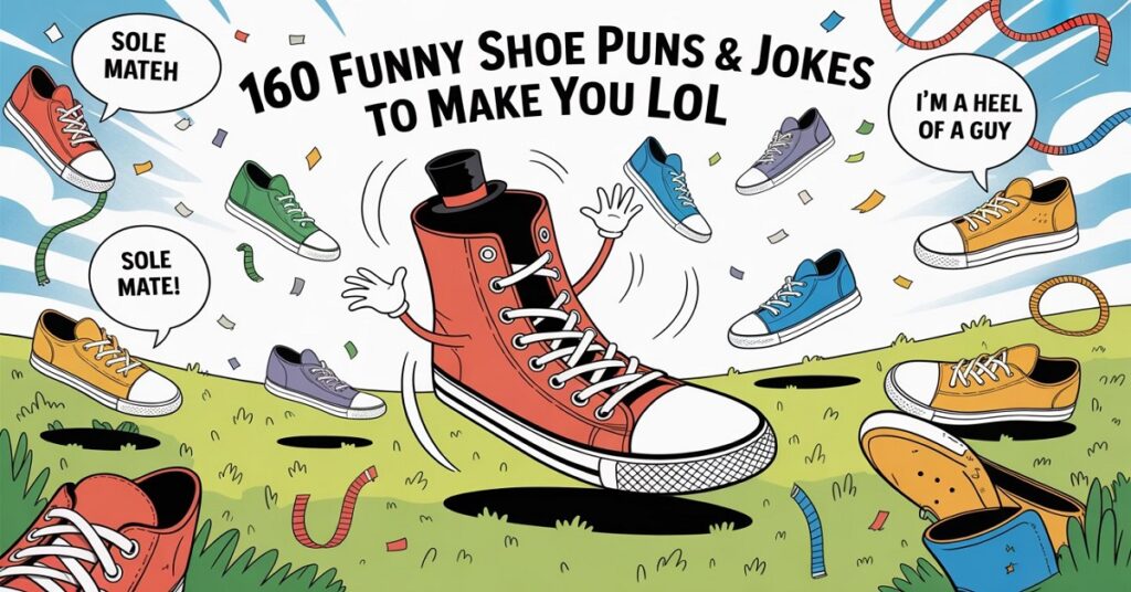 Create a fun and colorful illustration based on the title 160 Funny Shoe Puns & Jokes to Make You LOL The image should feature the title prominently in a playful, bold font. The scene should include visual representations of the pun. Use bright colors, whimsical characters, and objects that subtly or overtly reference the wordplay in the title. The title should be integrated into the design, either as a speech bubble, sign, or integrated into the background, with playful details surrounding it. Incorporate fun elements like quirky items, cute characters, and comic-style graphics that convey the light-hearted and humorous nature of puns.