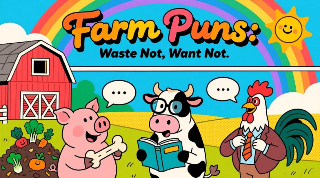 Create a fun and colorful illustration based on the title: Farm Puns About Waste Not, Want Not
The image should feature the title prominently in a playful, bold font. The scene should include visual representations of the pun. Use bright colors, whimsical characters, and objects that subtly or overtly reference the wordplay in the title. The title should be integrated into the design, either as a speech bubble, sign, or integrated into the background, with playful details surrounding it. Incorporate fun elements like quirky items, cute characters, and comic-style graphics that convey the light-hearted and humorous nature of puns.