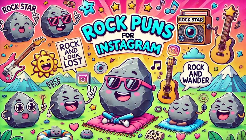 Create a fun and colorful illustration based on the title: Rock Puns for Instagram 
visual representations of the pun. Use bright colors, whimsical characters, and objects that subtly or overtly reference the wordplay in the title. The title should be integrated into the design, either as a speech bubble, sign, or integrated into the background, with playful details surrounding it. Incorporate fun elements like quirky items, cute characters, and comic-style graphics that convey the light-hearted and humorous nature of puns.