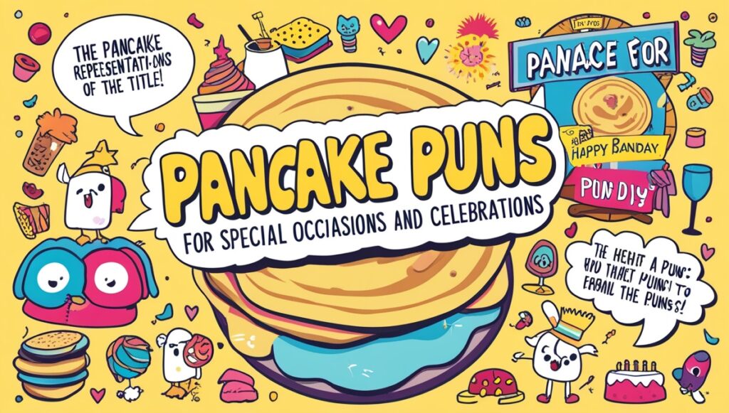 Create a fun and colorful illustration based on the title:Pancake Puns for Special Occasions and Celebrations
visual representations of the pun. Use bright colors, whimsical characters, and objects that subtly or overtly reference the wordplay in the title. The title should be integrated into the design, either as a speech bubble, sign, or integrated into the background, with playful details surrounding it. Incorporate fun elements like quirky items, cute characters, and comic-style graphics that convey the light-hearted and humorous nature of puns.