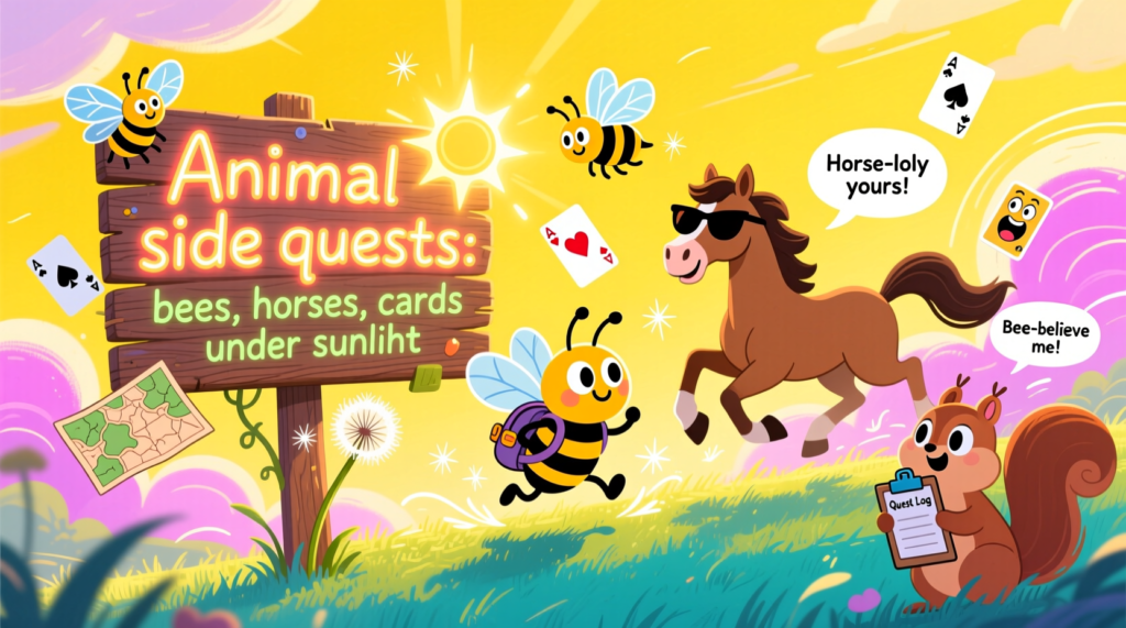Animal side quests: bees, horses, cards under sunlight
